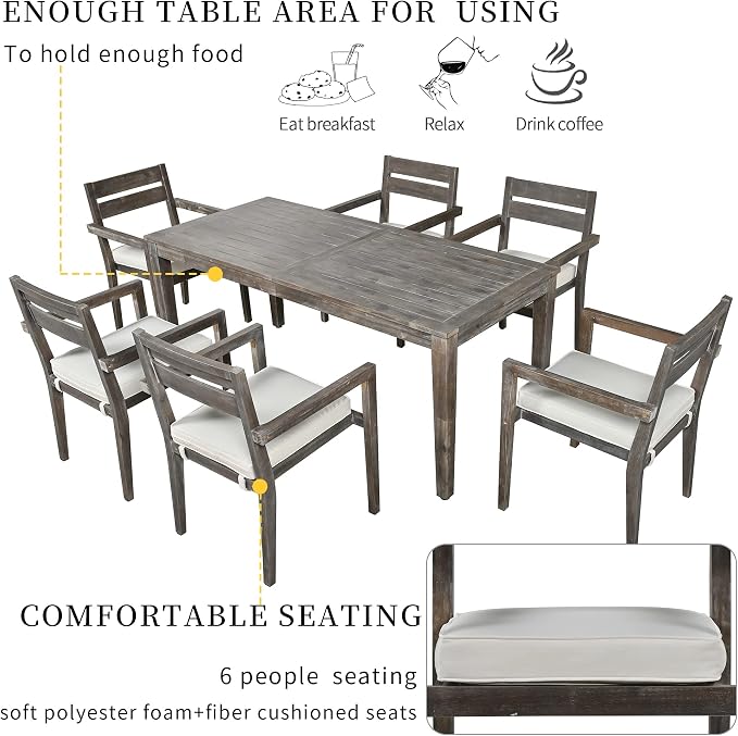 7 Piece Patio Dining Set, 70.9" Rectangular Acacia Wood Outdoor Dining Table & 6 Dining Arm Chairs with Cushion, Suitable for Outdoors and Indoors (Grey@015)