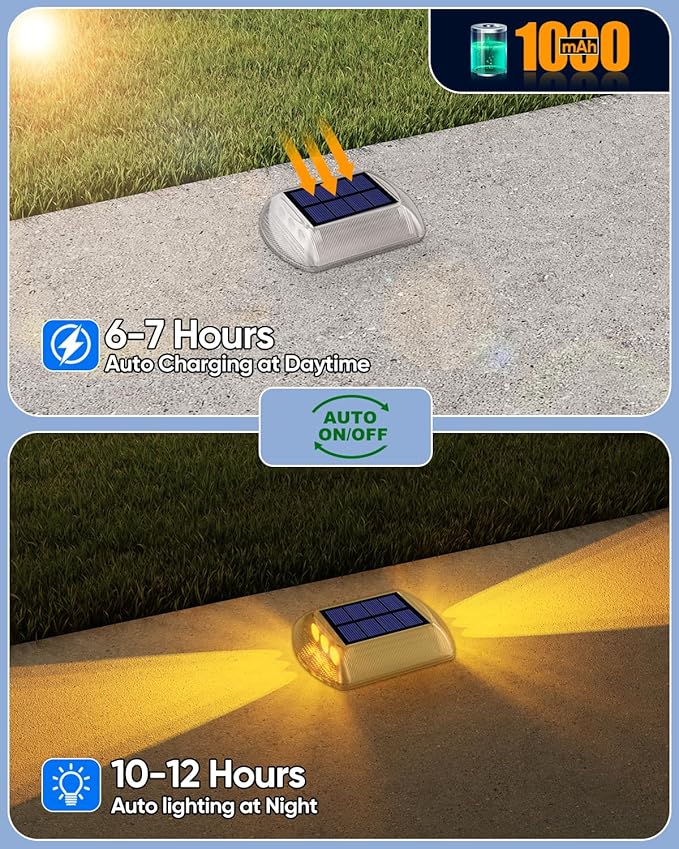 DetarZinLED Solar Deck Lights Outdoor, 4 Pack Warm White Driveway Lights Solar Powered, IP68 Waterproof Stick on & Screw Dock Light for Pathway, Walkway, Sidewalk, Patio, Pool Deck, Garden, Step
