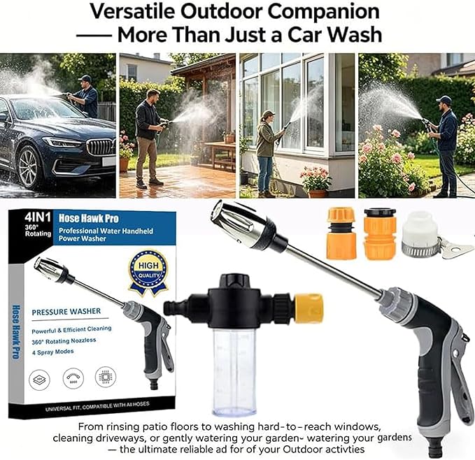 Hose Hawk Pro Pressure Washer, Hosehawk Pro - Professional Water Handheld Power Washer with 360° Rotating Nozzless, 4 Spray Modes Multi Function for Cleaning Yard Car Driveways (Set B)