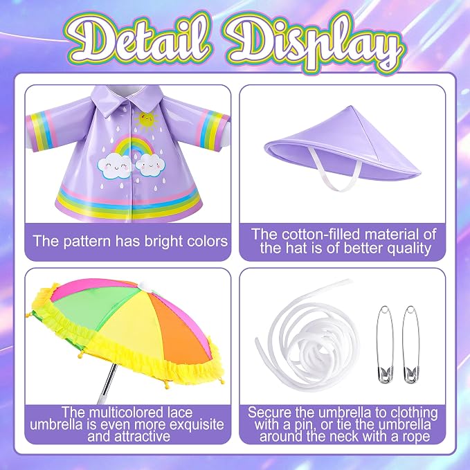 DECOHS 3 Pcs/Set Raincoat Porch Goose Outfits, Summer Lawn Goose Statue Raincoat Costume, Yard Goose Clothes Raincoats Umbrella Hat Outfit for 23" Statue Patio Garden Decoration (Purple Rainbow)