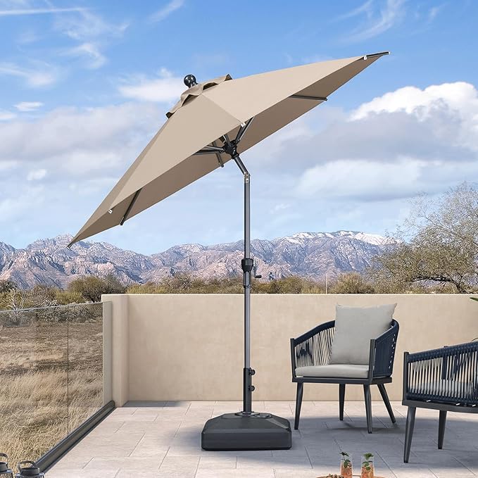 PURPLE LEAF 8' Round Patio Umbrella Outdoor Table Umbrella Aluminum Frame Market Umbrella Sun Umbrella with 8 Sturdy Ribs Tilt for Garden Deck Lawn Pool Taupe