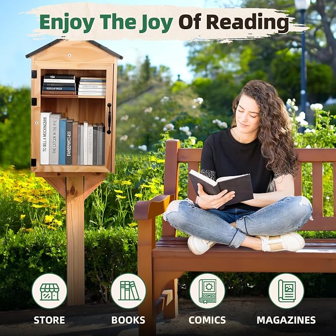 Little Free Library Box Outdoor – 2-Tier Outdoor Library Book Box with Adjustable Shelf, Weatherproof Wood, Free Little for Neighborhoods, Schools, Community