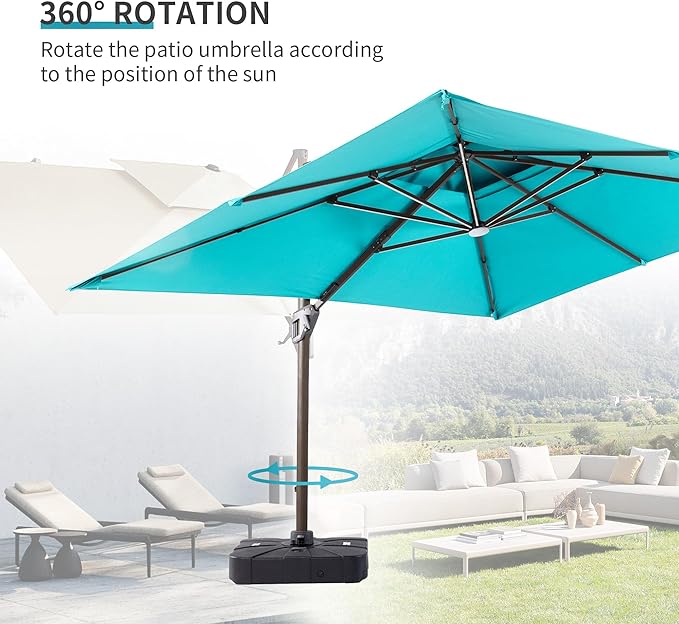JZAC & QZYD 9x12 FT Outdoor Cantilever Patio Umbrella with Base Included and LED Lights, Large Heavy Duty 2-Tier Aluminum Offset Umbrellas with 360-Degree Rotation for Pool Deck, Turquoise