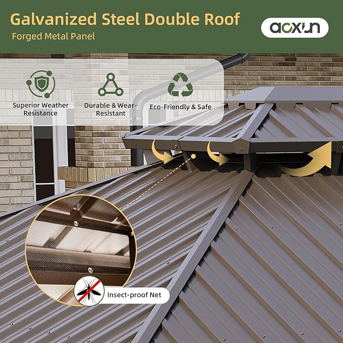 Aoxun 10’x12’ Hardtop Gazebo, Permanent Metal Pavilion with Galvanized Steel Double Roof, Outdoor Pergola with Nettings and Curtains for Lawn, Garden, Patio (Brown)