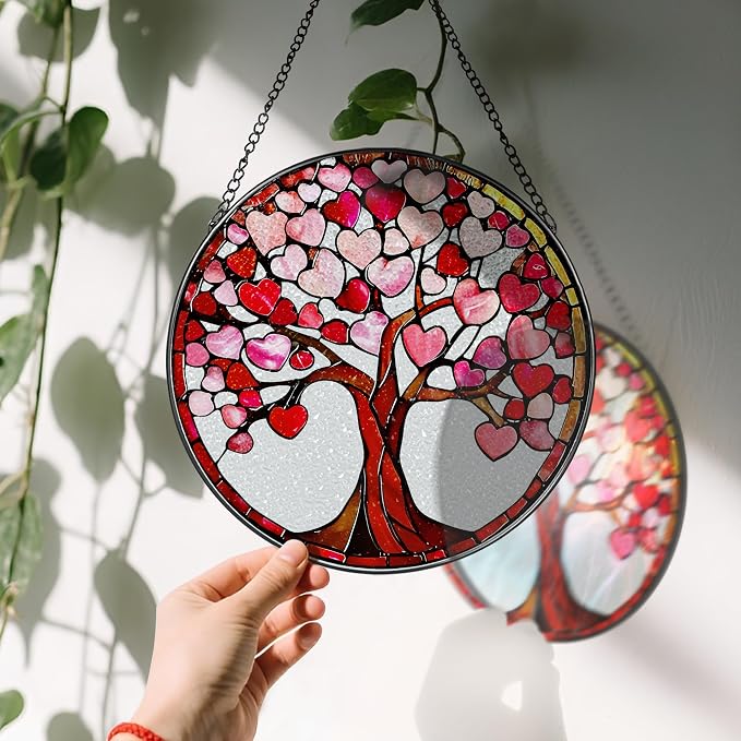 8'' Love Heart Tree Sun Catcher - Stained Glass Window Hanging, Suncatcher for Window Doors Home Decor | Christmas, Birthday, Mother's Day, Valentine's Day Gifts for Her, Girlfriend, Wife, Mom, Friend
