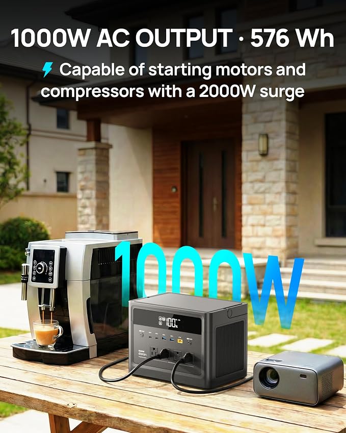 DaranEner 576Wh Solar Generator 1000W, Portable Power Station with 100W USB-C PD Output, 110V Pure Sine Wave AC Outlet Backup LiFePO4 Battery for Outdoors Camping, Home, Emergency, RVs (Peak 2000W)