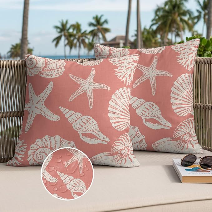 Waterproof Pillow Covers Set of 2 20x20 Inch Ocean Coastal Outdoor Cushion Covers Shells Starfish Conch Coral Red Linen Decorative Pillow Cases for Patio, Sofa, Couch, Garden, Balcony