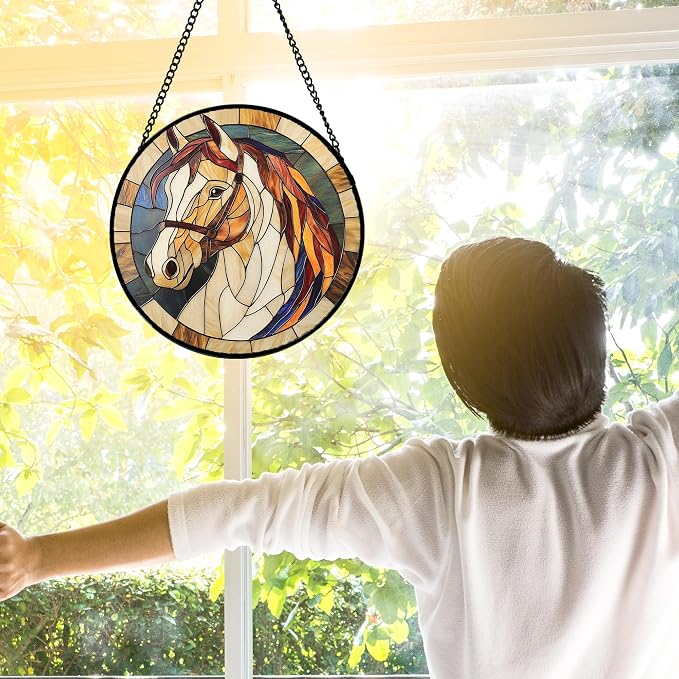 DASTOLL Stained Glass Window Hanging, Animal Horse Colored Mane Sun Catchers Glass Panel Cool Suncatcher Decor for Birthday for Women, Men, Wife, Aunt, and Mom 7.8 in