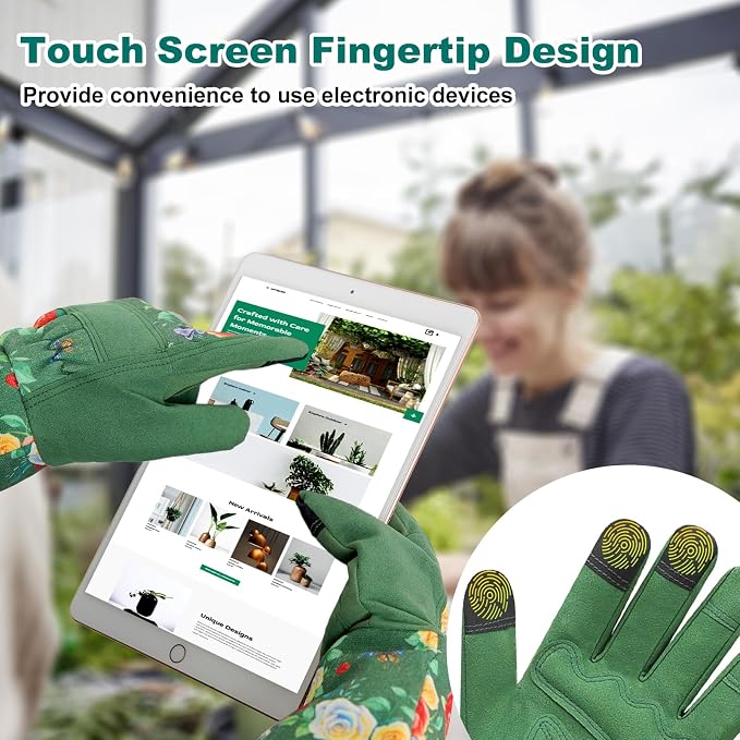 DLY Garden Gloves for Women,Gardening Gloves,Garden Gift for Lady,Blue,XL | Lightweight Microfiber Leather, Breathable Long Cuff, 3-Finger Touchscreen, Green Rose Print, Pruning, Weeding & Yard Work
