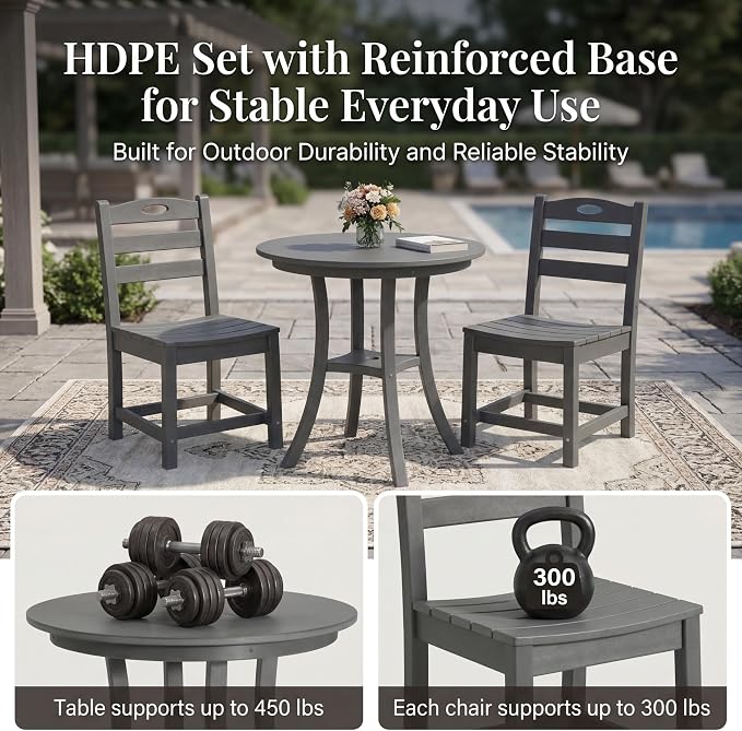 3-Pcs Outdoor Patio Dining Table Set of 3, Outdoor Patio Round 29.72'' Dining Table Bistro Set and Armless Chair for Lawn Garden Backyards, HDPE Material & 1.96'' Umbrella Hole, Gray