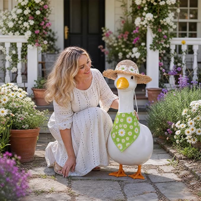 Spring Porch Goose Outfit - 2Pcs Green Daisy Flower Summer Goose Clothes with Floral Straw Hat & Bandana Bib, Lawn Garden Decor Accessories for 23 Inch Cement/Plastic Statue