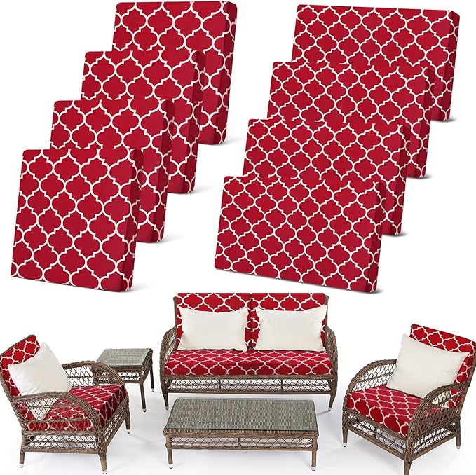 Newwiee 8 Pcs Stretch Patio Outdoor Cushion Covers Waterproof Replacement Sofa Couch Covers for 4 Backrests and 4 Cushions Washable Lawn Garden Seat Furniture Protector(Wine Red)