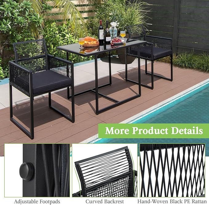Tangkula 3 Pieces Outdoor Dining Set, PE Rattan Patio Furniture Set with Folding Backrest, Cozy Seat Cushions, Tempered Glass Tabletop, Space-Saving Bistro Table and Chairs Set of 2 for Backyard Pool