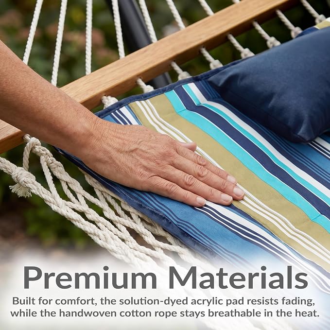 Sunnydaze Rope Double Hammock with Stand for Outside - Heavy Duty Freestanding Portable Outdoor Hammock Set with Quilted Pad, Pillow, and 12-Foot Steel Frame - 450 lb Capacity - Lakeview