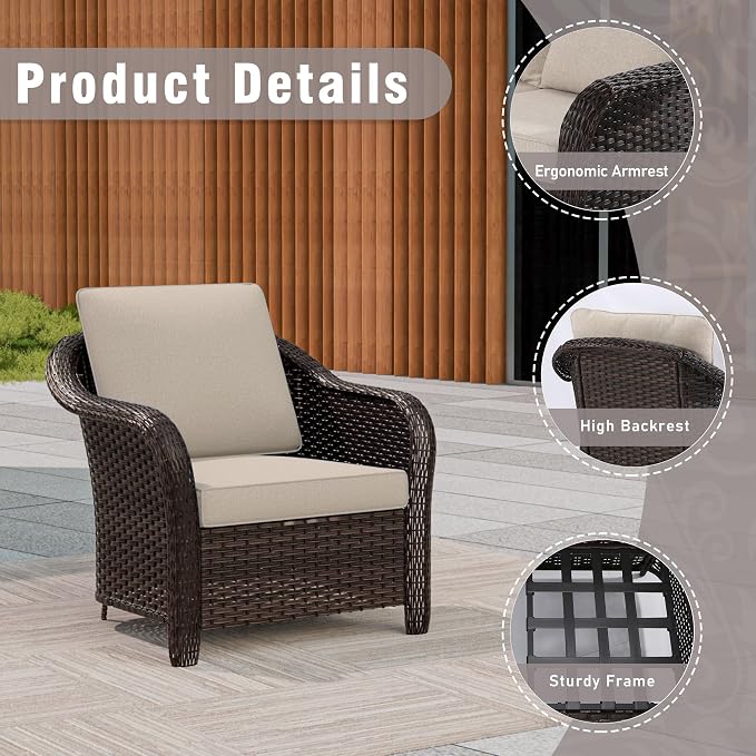 4 Piece Patio Wicker Conversation Set, 2 All-Weather Use Outdoor Wicker Chairs with 2 PE Rattan Ottomans,Ideal for Porch, Backyard, Balcony, Poolside, Beige