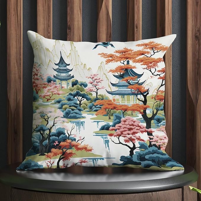 Chinoiserie Pagoda White Coral Blue Cushion Cases Chinoiserie Chic Asian Throw Pillow Cover Abstract Outdoor Waterproof Decorative Pillow Cover for Patio Furniture Garden 22x22 in