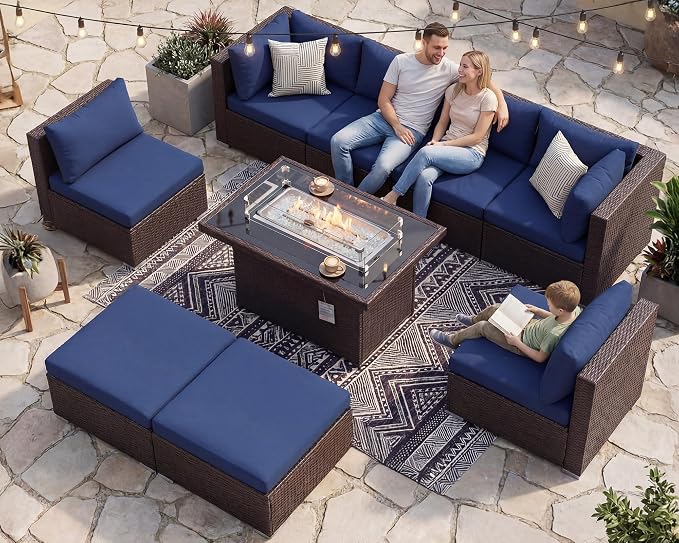 NICESOUL 9 Piece Patio Furniture Set with Fire Pit Natural Gas/Propane, 29.3'' High Back Comfy Outdoor Wicker Conversation Set, XL Large Deep Sitting Sectional Sets, Brown Rattan and Navy Blue Cushion
