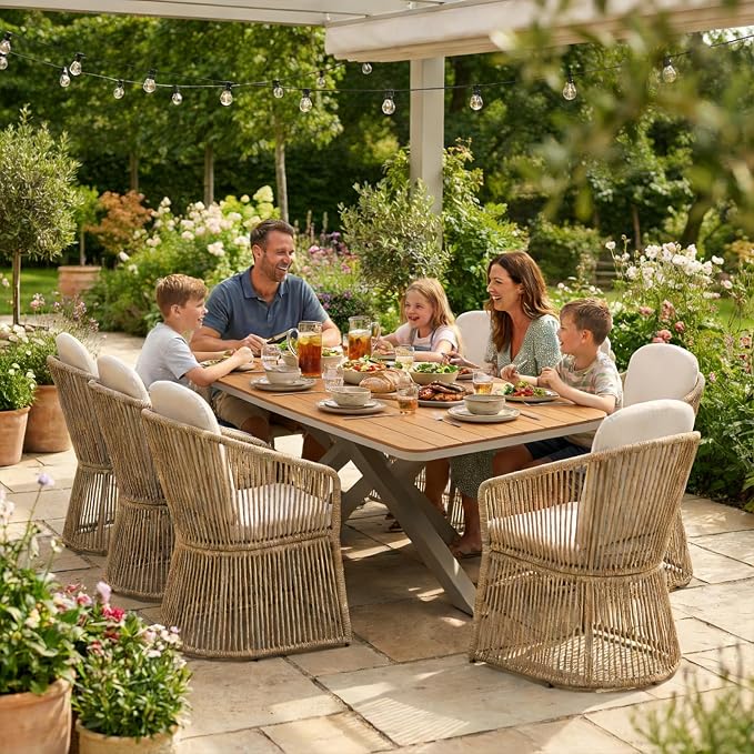 SUNSITT 7 Piece Outdoor Patio Dining Set, Patio Dining Furniture Set with 87” Aluminum Dining Table w/X Base Legs and 6 Woven Wicker Outdoor Patio Chairs w/Curved Armrest for Garden, Beige