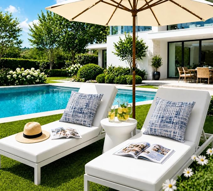 Outdoor Pillow Covers Waterproof Throw Pillow Covers, Set of 2 Jacquard Texture Water Resistant Fade Resistant Decorative Cushion Covers for Garden Patio Bench Couch Sofa, 18x18 Inch (Blue Grid)