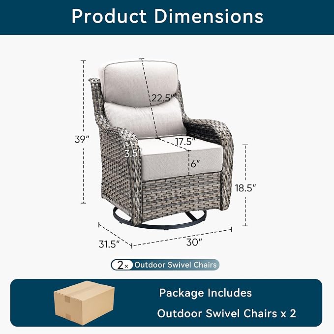 Luxury High Back Outdoor Swivel Rocker Patio Chairs with Side Table & 6-Inch Thick Cushions, 2 Pieces Patio Furniture Set for Porch, Balcony, Deck and Yard