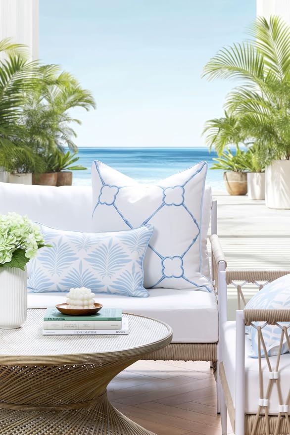 Hofdeco Premium Grandmillennial Coastal Hampton Patio Indoor Outdoor Throw Pillow Cover Only, 22"x22" Water Repellent for Backyard, Couch, Poolside, Azure Baby Blue Print Bamboo Trellis