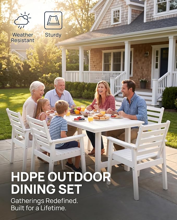 7 Piece HDPE Outdoor Dining Set for 6, Patio Dining Furniture Set with 2” Umbrella Hole, Weather Resistant Outdoor Table and Chairs for Garden, Poolside, Backyard, Deck