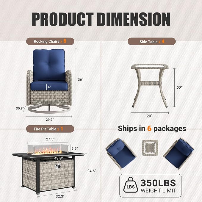 13Pcs Patio Rocking Swivel Chair with 55,000 BTU Fire Pit Table Outdoor Wicker Rattan Bistro Set with Tempered Glass Side Table, Outdoor Patio Furniture Set for Garden and Balcony, Blue