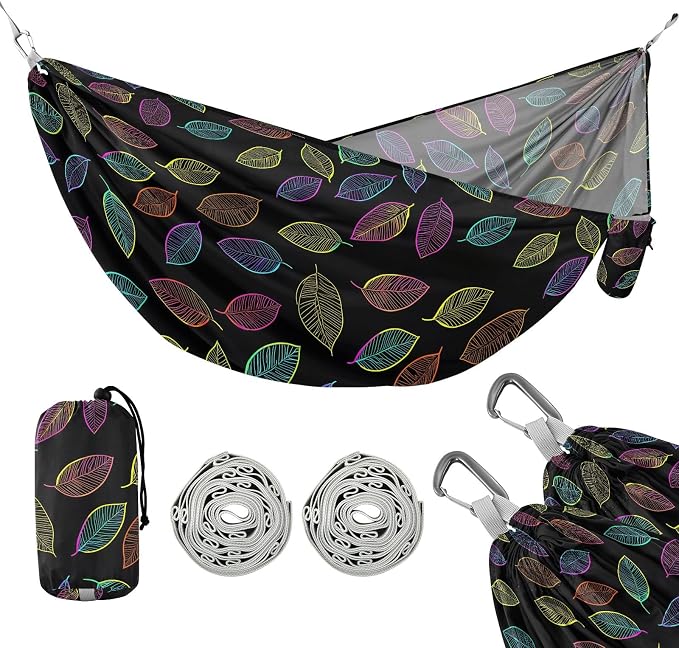 Camping Hammock Outdoor Hammocks for Outside Neon Leaves Beach Trees Portable Lightweight with Pockets Tree Straps Indoor