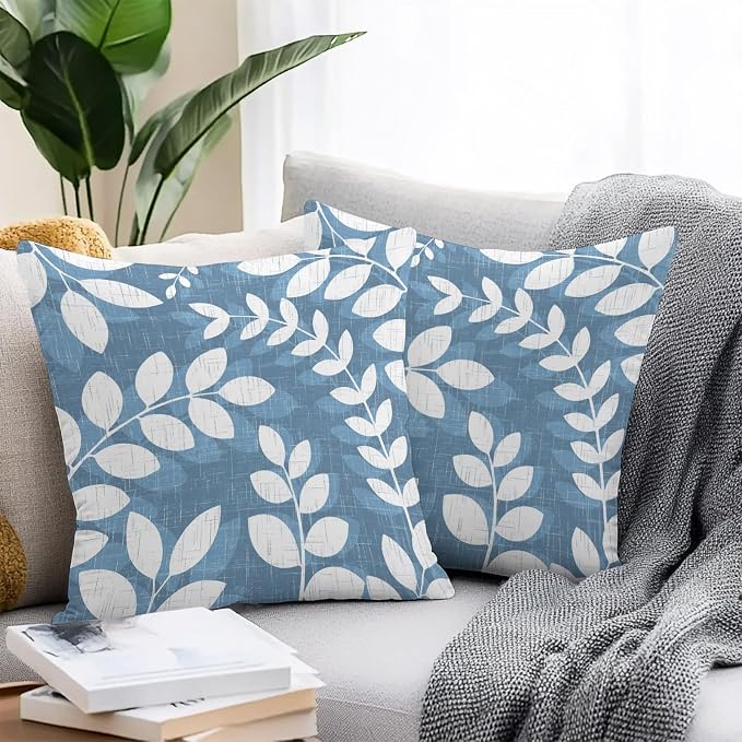 Lake Blue Leaves Outdoor Waterproof Throw Pillow Covers 26x26 Set of 2, Farmhouse Botanical Branch Vintage Boho Leaf Decorative Pillowcases Cushion Pillowcase for Couch Sofa Patio Pillow Protector