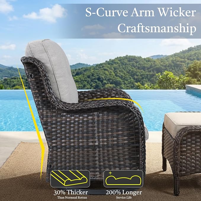 6 Piece Patio Furniture Set with Ottoman - All Weather Patio Conversation Set with 4 Inch Thick Cushions and Deep Seating Swivel Glider Chairs & Outdoor Couch for Porch Deck Yard Pool