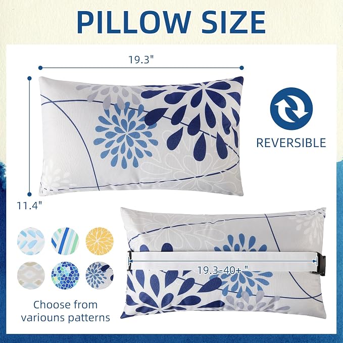 Chaise Head Rest Pillows Set of 2, Waterproof Outdoor Lounge Pillow Lumbar Pillows with Insert Adjustable Elastic Strap Decorative Pillows for Patio Beach Pool Chair, Dark Blue Gray