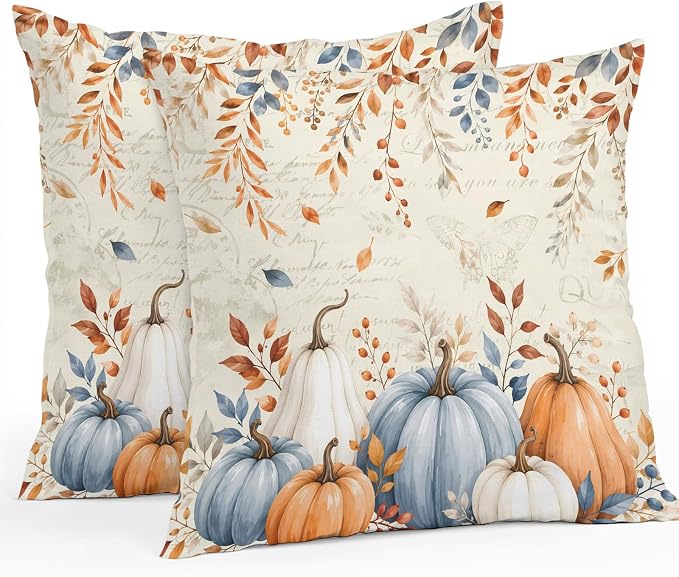 Orange Blue Pumpkins Fall Throw Pillow Covers 24x24 Inch Set of 2, Thanksgiving Waterproof Outdoor Pillow Covers, Eucalyptus Vintage Decorative Cushion Pillowcases for Couch, Sofa, Bed, Garden, Patio
