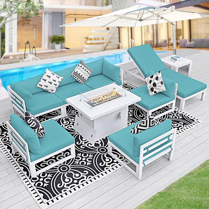 BULEXYARD 7 Seater Large Modern Aluminum Outdoor Sofa with Lay Out Chair & Fire Pit Table, 500 lbs Durable Sectional Set for Heavy People, All Weather Comfy Patio Furniture Set for Garden, Turquoise