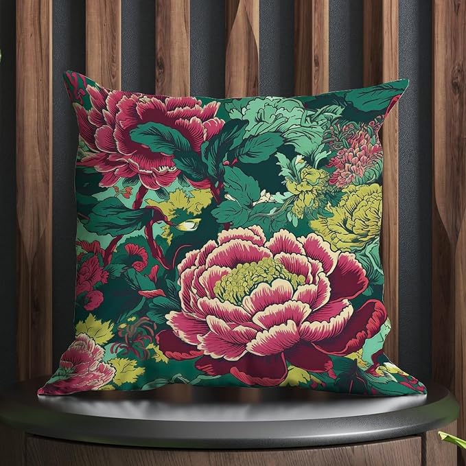 Chinoiserie Red Peony Floral Pillow Cover Green and Pink Cushion Cases 18x18 INModern Accent Outdoor Garden Decoration for Patio Furniture Porch