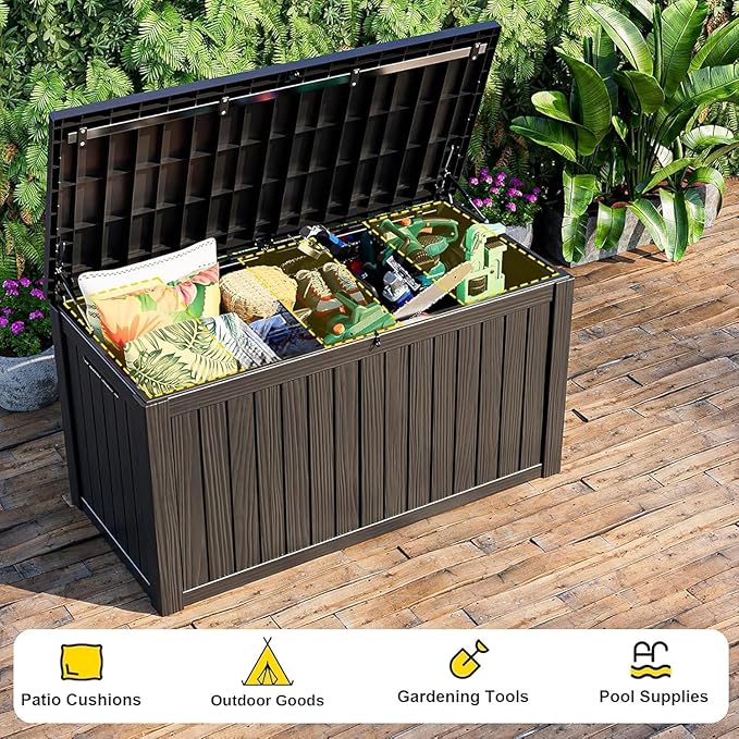 200 Gallon Waterproof Outdoor Storage Box, UV Resistant Resin Deck Box with Hydraulic Rod for Reinforced Stability, Perfect for Patio, Garden, and Pool（Black，200 Gallon）