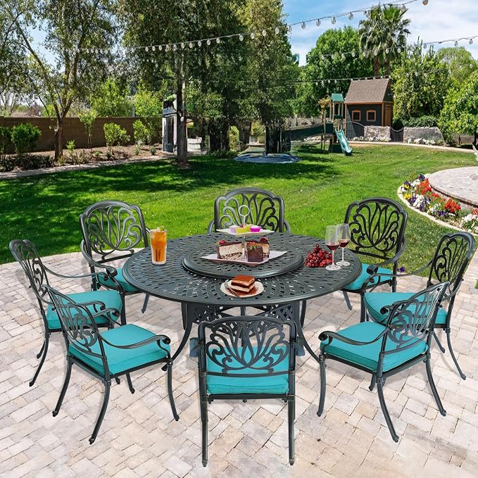 9-Piece Patio Cast Aluminum Dining Set, 8 Person Outdoor Dining Furniture Set, Includes 8 Cushioned Chairs and 61" Large Round Dining Table with 31" Lazy Susan, Umbrella Hole, Ocean Blue