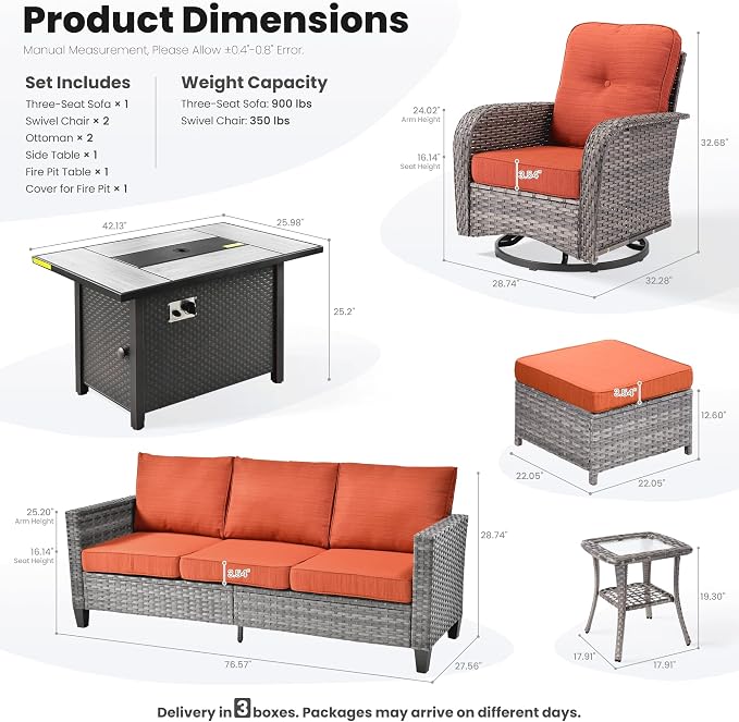 ovios 7 Pieces Patio Furniture Set, Outdoor Wicker Sofa Couch with Swivel Glider Chairs Fire Pit Table, Modern Deep Seat Rattan Conversation Sets for Deck Porch, Grey