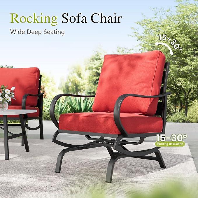 Sophia & William Patio Furniture Sets 5 Seats Outdoor Metal Conversation Sets 5 Pcs with 2 x Cushioned Swivel Sofa Chairs,1 x 3-Seat Sofa,2 x Ottomans for Coffee Lawn Backyard Poolside Red