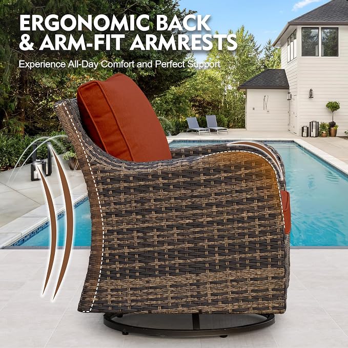 MEISSALIVVE 3 Pieces Patio Furniture Set with Swivel Chair, Outdoor Swivel Rocker with Washable Cushions & Tempered Glass Tabletop, Outdoor Rattan Conversation Set for Lawn Backyard Porch (Red)
