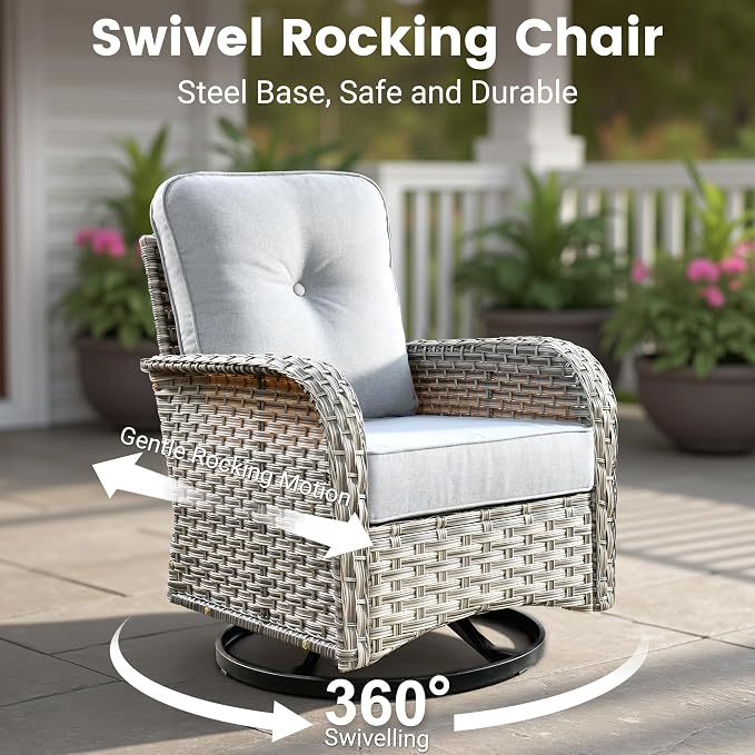 Outdoor Sectional Patio Furniture Set with Fire Pit Table,9 Pieces Rattan Wicker Conversation Sets L Shaped Couch,Outside Furniture with Swivel Chairs Glowing Coffee Table,Light Grey