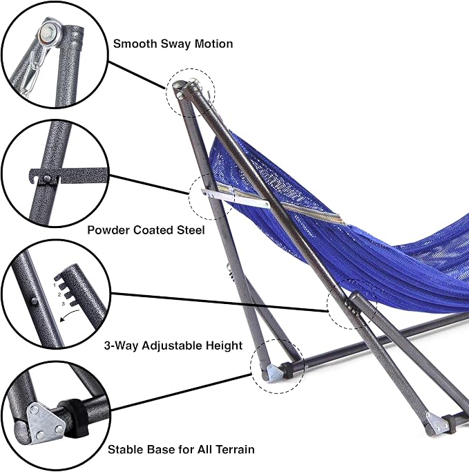 Best Home Fashion Portable Hammock with Collapsible Steel Stand, 600 lbs Capacity, No Tools Assembly, Carrying Bag Included, Perfect for Indoor Outdoor Backyard Patio Camping Beach, 2 Person, Navy