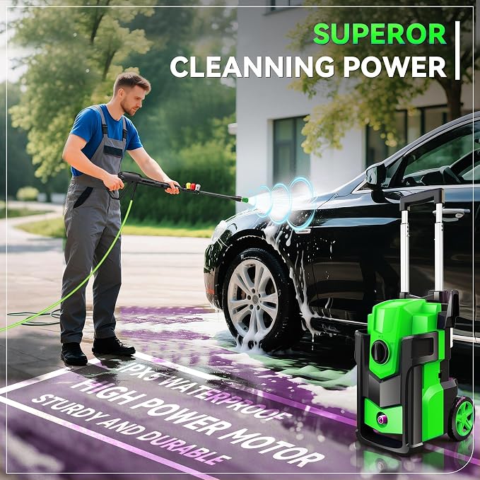 Electric Pressure Washer 5000PSI, Heavy Duty Power Washer Electric Powered, with 4 Nozzles,Foam Cannon,33FT Hose and 500ml Soap Bottle,Car Wash Machine/Car/Driveway/Patio Clean,Green