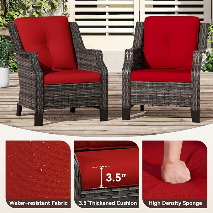 6 Pieces Patio Furniture Set, Outdoor Furniture Set with 2 Patio Chairs, 2 Ottoman, 1 Outdoor Wicker Sofa, 1 Metal Table, Ideal for Backyard, Garden, Poolside, Red