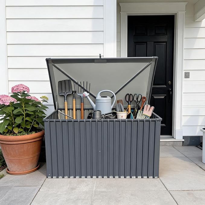 Garvee Outdoor Storage Box, 115 Gallon Waterproof Metal Storage Box, Outdoor Deck Boxes, UV Resistant Patio Storage Box with Lockable Lid for Patio Furniture Cushions, Pillows, Garden Tools, Blank