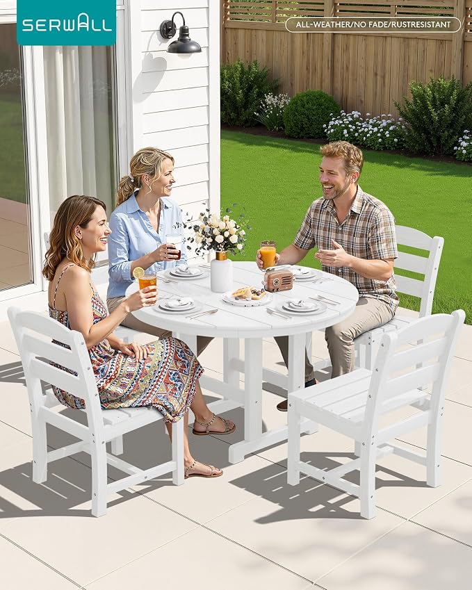 SERWALL 6-Piece Patio Dining Sets, HDPE Outdoor Table and Chairs Furniture Set with Umbrella, 45" Round Dining Table & 4 Armless Dining Chairs & 1 9FT Umbrella, White(Not Include Umbrella Base)