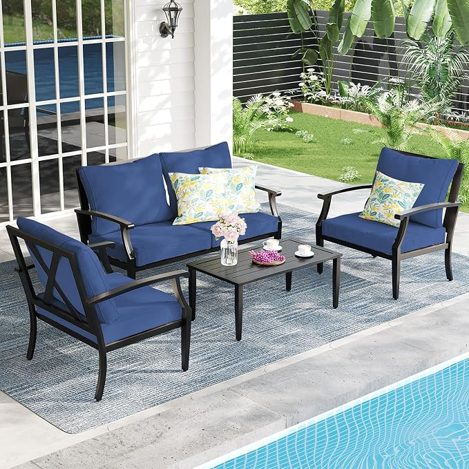 4 Piece Outdoor Patio Furniture Set, Oversized Metal Conversation Set with High Back & Deep Seating, Water-Repellent Cushions, Coffee Table for Porch, Deck, Backyard, Navy