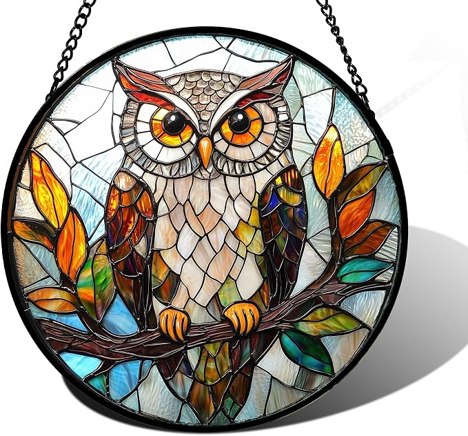DASTOLL Stained Glass Window Hanging, Owl Colorful Leaves Birds Sun Catchers Diamond Glass Panel Hangings Suncatcher Decor for Birthday for Women, Men, Wife, Aunt, and Mom 6.3 in