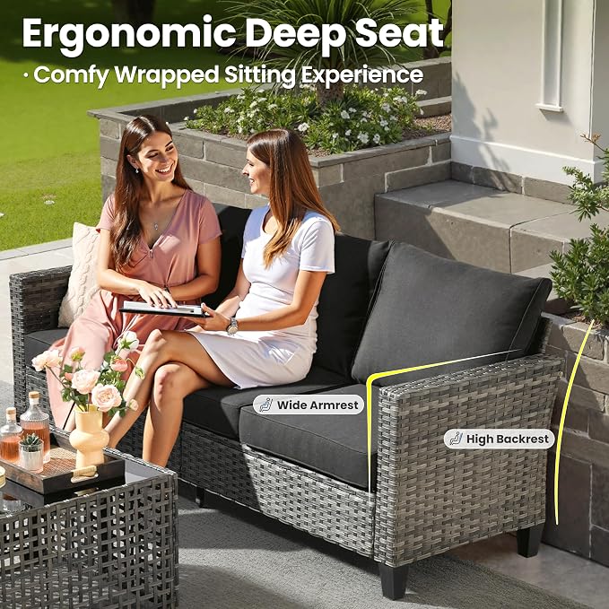 ovios 9 Pieces Patio Furniture Set, Outdoor Wicker Sofa Couch with Swivel Glider Chairs Solar Lights Table, Modern Deep Seat Rattan Conversation Sets for Deck Porch, Black