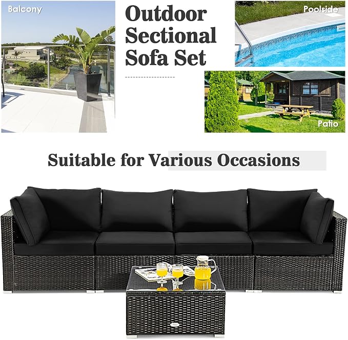 HAPPYGRILL 5 PCS Patio Furniture Set Outdoor Rattan Wicker Sofa Set with Coffee Table Sectional Sofa Conversation Set with Pillows Cushions for Backyard Porch Garden Poolside