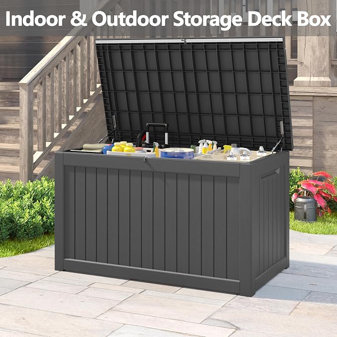 KAMABOKO 260 Gallon Outdoor Storage Box, Resin Deck Boxes Indoor and outdoor, Waterproof Storage Box Lockable Lid for Garden Tools, Package Delivery, Patio Cushions, Black